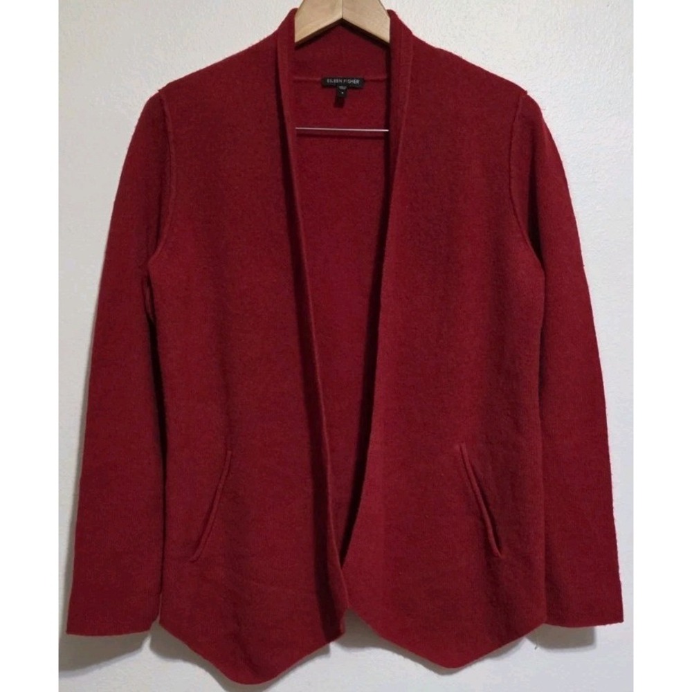 NEW Eileen Fisher Red 100% Wool Open Cardigan Jacket S Vest Career Casual Staple